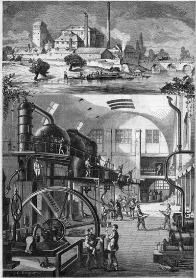 1864年、ナントのセダール氏が所有していた大規模な製糖所「レ・コレ」の外観と主な作業場。1864年7月23日付「Le Monde Illustré」380号に掲載された図版。 作： French School