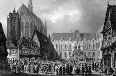 裁判所の外観。ヴィクトル・ユーゴーの「ノートルダム・ド・パリ」（1844年の版画）より。 作： French School