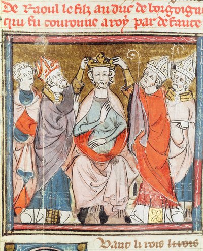 ブルゴーニュ公の息子であるF.188rラウルは、1375年から79年にかけて、Grandes Chroniques de Franceからフランス王に戴冠しました。 作： French School
