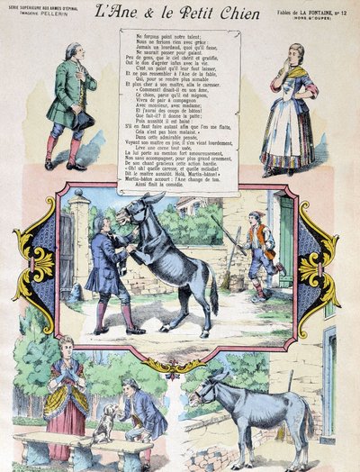 ラ・フォンテーヌの寓話「ロバと小犬」。画像：エピナル＝ペラン 作： French School