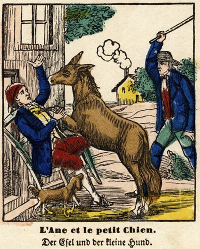 ラ・フォンテーヌの寓話：ロバと小犬。エピナルの画像、19世紀前半 作： French School