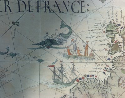 捕鯨のファクシミリとサンブランドン島の詳細、ピエールデセリエによるポルトランマップの詳細、1546、エドメフランソワジョマール（1777〜1862）によって地理学の記念碑で公開 作： French School