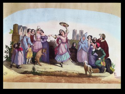 ヴィクトルユーゴー（1802-85）c.1836の小説に続き、ルイーズアンジェリークベルタン（1805-77）のオペラ 『エスメラルダ』のシーンを描いたファンのデザイン。 作： French School