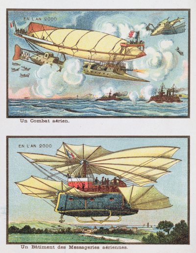 空中戦と2000年の貨物輸送用航空機の幻想的な描写、1910年頃 作： French School