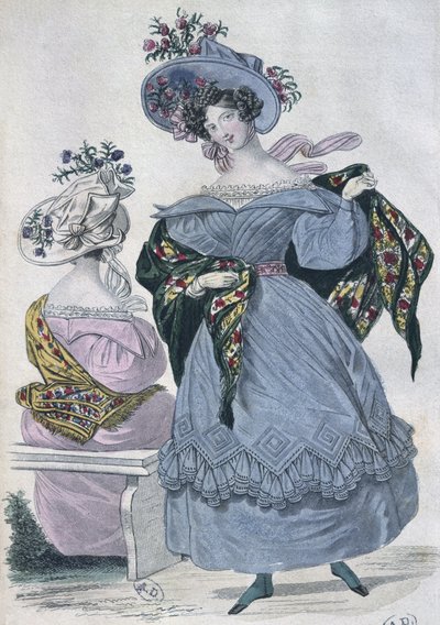 ファッションプレート、パリ、ルプティクーリエデダムのイラスト、1830年（カラー彫刻） 作： French School