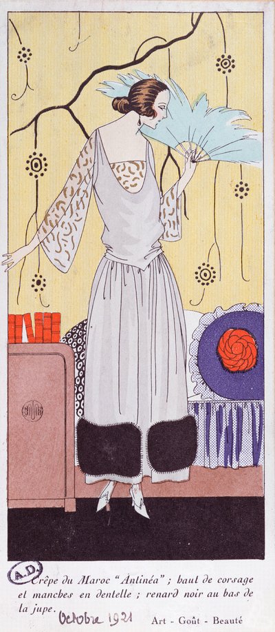 アート、痛風、ボーテ、1921年からの羽で作られたファンを描いたファッションプレート（pochoirプリント） 作： French School