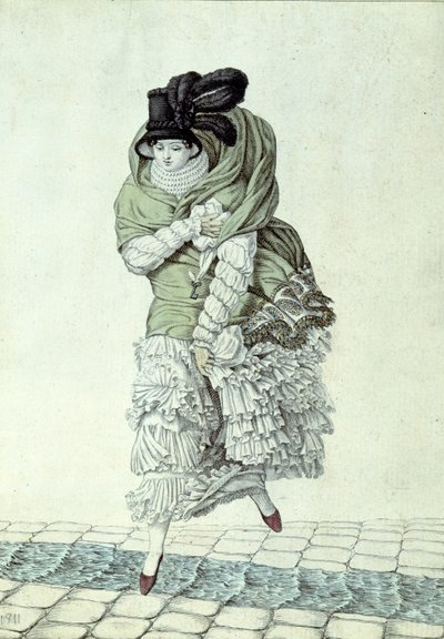 1811年に下水道を横切る女性を描いたファッションプレート（カラー彫刻） 作： French School