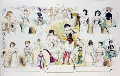 コルセットを描いたラヴィパリジェンヌのファッションプレート、1870年頃（カラー彫刻） 作： French School