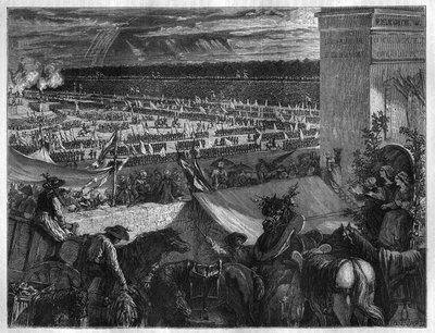 1790年7月14日、バスティーユ捕囚の1周年記念日にパリのシャン・ド・マルスで行われた連邦軍の饗宴。モーリス・ラシャトレ著「Histoire des Papes-Rois-Queen and Empereurs a travers les centuries」に掲載されている図版 作： French School