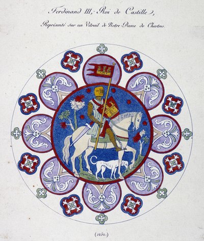 シャルトルのノートルダム寺院のステンドグラス（1252年）に描かれたカスティーリャ王フェルナン3世。大学の模写。 作： French School