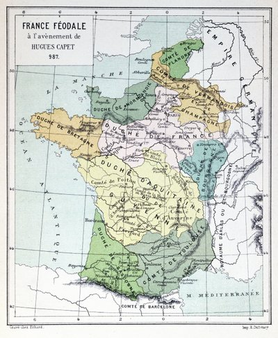 987年のフグカペットの加盟時の封建時代のフランス、フランスの歴史史c.1880に示された地図 作： French School