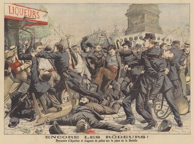 パリのバスティーユ広場でのアパッチ族と警察の戦い（カラーリトグラフ） 作： French School