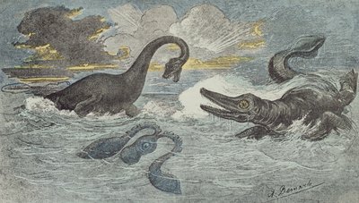 リアシア時代またはジュラ紀（2億8億から1億6600万年前）のプレシオサウルスとイクチオサウルスの間の戦い、1880年（カラー彫刻） 作： French School
