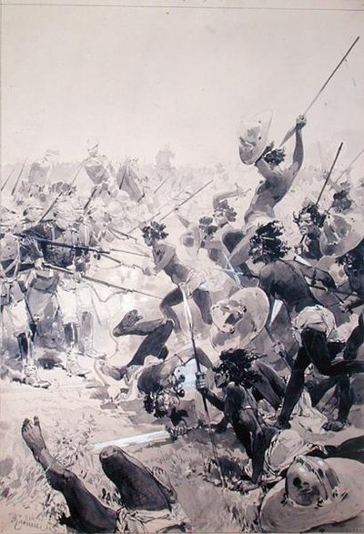 ズールー族とイギリス兵の戦い 1878年頃 （水彩・紙） 作： French School