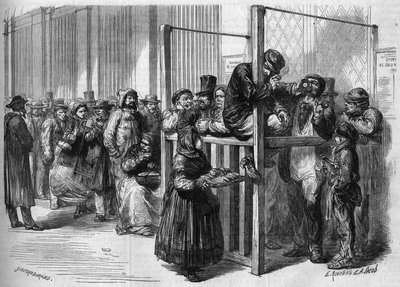 1864年にフランス政府が開始した3億5千万円の国民ローンを申し込むために、パリのモン・ターボル通りのカウンターに行列ができていた。1864年1月30日付の「Le Monde Illustre」355号に掲載された図版。 作： French School