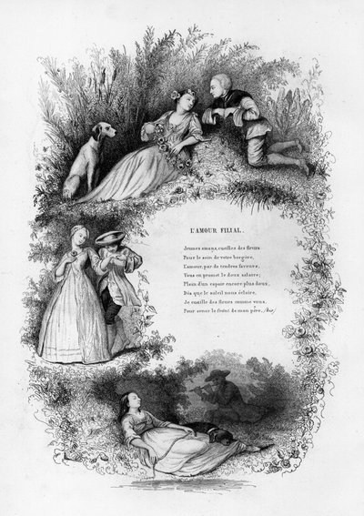 親孝行。田舎で若い男が3人の若い女性を誘惑している。Chants et chansons populaire de la France" Tome 2に掲載されている彫刻。 作： French School