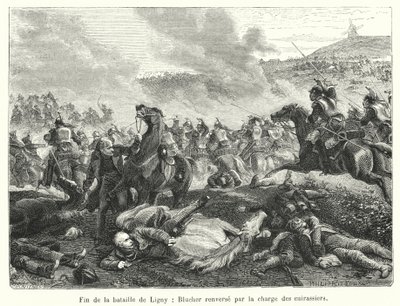 リグニーの戦いの終わり、手兵の突撃によって倒されたブルッハー（エングレーヴィング 作： French School