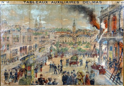 市街地での火災。19th ed Delmas. 作： French School