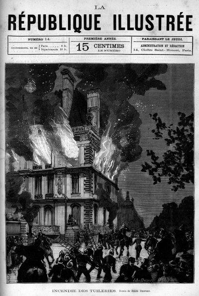 パリのチュイルリー宮殿のフローレ館の火災。新聞である。La republique illustree "の個人コレクションにある1880年のエングレーヴィング。 作： French School
