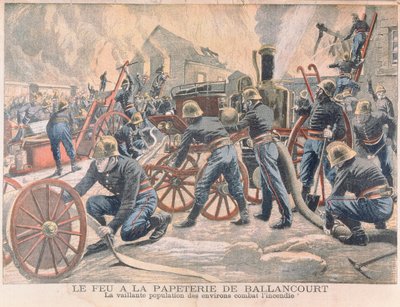 1905年のルプティジャーナルより、バランクールの製紙工場で消防士が消火活動を行った 作： French School
