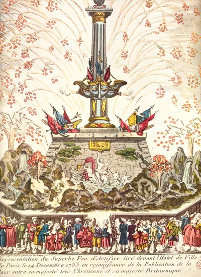 1783年12月14日、ベルサイユの平和を祝うパリのホテルドゥヴィルの前での花火 作： French School