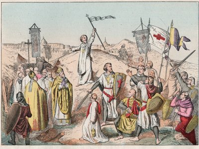 第一回十字軍：1099年、ゴデフロイ・デ・ブイヨン（1058-1100）率いる十字軍によるエルサレムの包囲と攻略 - エルサレム包囲のゴデフロイヨン - 「Nos Gires Nationales - Images e」に掲載されている19世紀末のエングレーヴィング。 作： French School