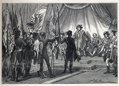 初の連立政権。ヨアヒム・ムラット（1767-1815）が、ナポレオン・ボナパルトが指揮するフランス軍がイタリア遠征中に征服した旗を執行委員会に提出。1889年のエングレーヴィング。個人蔵。 作： French School
