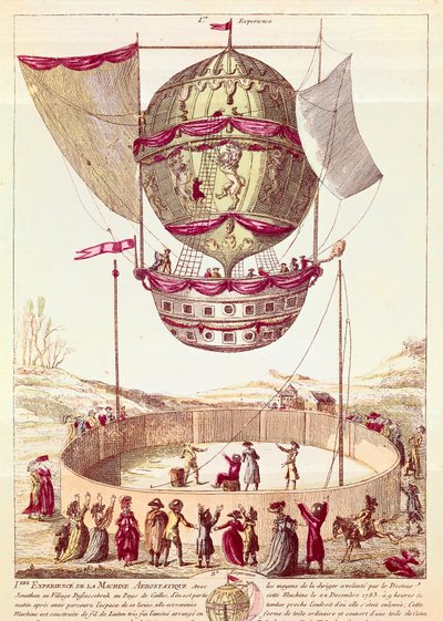 熱気球の初飛行、1783年12月22日、デフセセブルク（ウェールズ）（リトグラフ） 作： French School