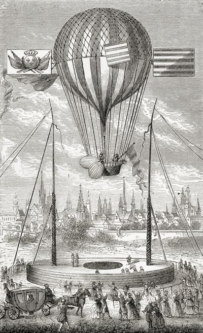 1784年に出版されたフルジェンスマリオンによる「素晴らしいバルーンアセントまたは空の征服」からの1784年6月12日のディジョンからの飛行可能な気球を使った最初の飛行 作： French School