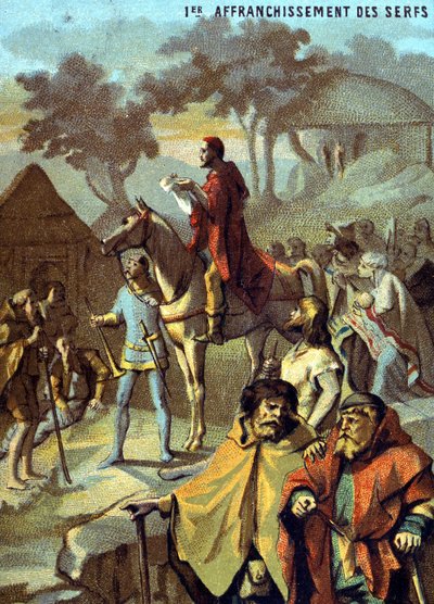 ルイ10世による農奴の第一次解放（1315年）。「イメージによる愛国教育」シリーズのクロモリトグラフ。 作： French School
