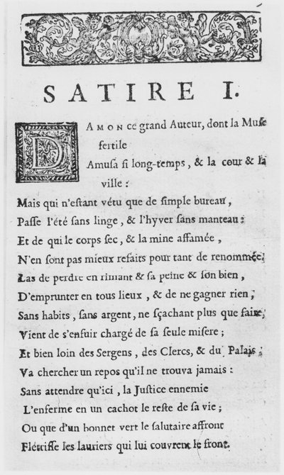 1685年に出版された、ニコラボイローの風刺の最初のページ。 作： French School