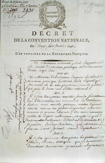 ルーヴル宮殿を博物館として設立した1793年7月27日の国民公会の布告の最初のページ 作： French School