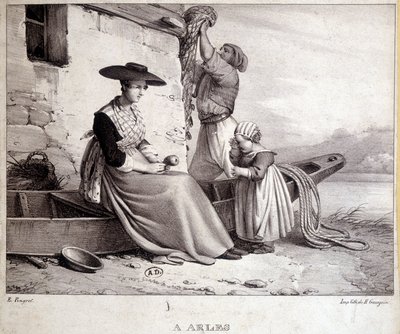 アルルの漁師と地方の衣装を着た妻とその子供 作： French School