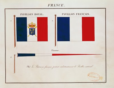 ルイフィリップ1世の旗、パビヨンデプシスサンスマリタイム（カラー彫刻） 作： French School