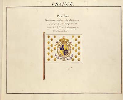 Pavillons des Puissances Maritimesのドーフィンとドーフィン、ルイアントワーヌ、マリーテレーズの旗、1815〜30年頃（カラー彫刻） 作： French School