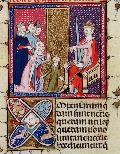 Fol.11v FortiatumのJustinianiから裁判官の前に現れる子供と母親 作： French School