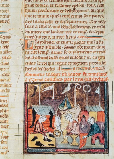 Fol.122vセントデニス近くのレンディフェアでの商人、Grandes Chroniques de France、1375-79 作： French School