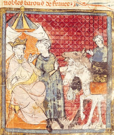 Fol。133r Roland Bidding Farewell to Charlemagne（742-814）、Grandes Chroniques de France、1375-79 作： French School