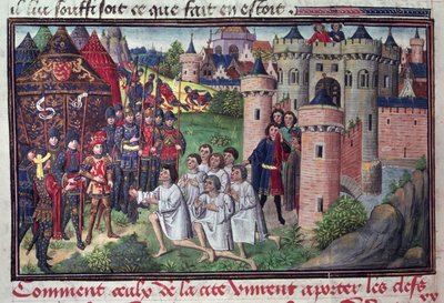 Fol.286vバビロンの住民がどのようにして都市の鍵をアレクサンドル大王（紀元前356〜323年）に提出したか。 作： French School