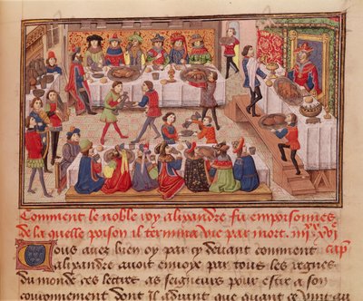 Fol.298r貴族王アレクサンダーがどのように毒殺されたか、ジャンウォークリン作の本、グランドアレクサンドル歴史博物館1460 作： French School