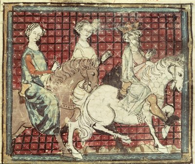 Fol.31r Chilperic I（543-97）およびFredegonde on Horseback、Grandes Chroniques de France、1375-79 作： French School