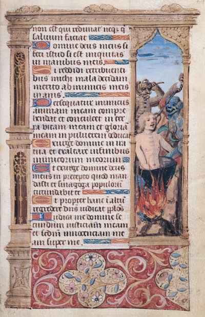 Fol.67r「Heuresdel」UsagedeRomeから、2人の悪魔に拷問されている男性の境界線の詳細が記載されたテキストのページ 作： French School