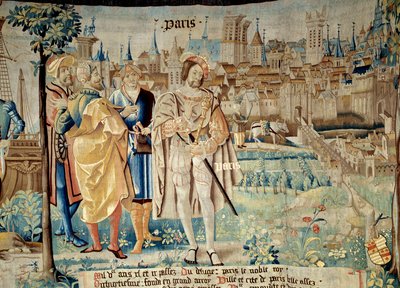 パリ市立大学の財団フランソワ1世（1494-1547）は、1527年に捕虜生活から戻った際、パリに恒久的な首都を置くことを決定しました。アラスの工房で作られた「ガウルス人の素晴らしい歴史」のタペストリー。1530年 ボーヴェ、デプトム 作： French School