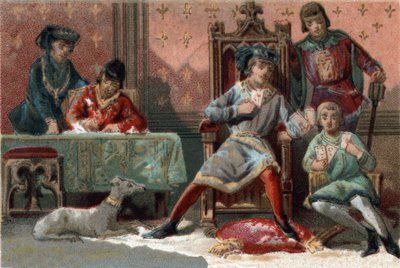 気晴らしに、フランス王シャルル6世（1368-1422）はトランプをしていたそうです。1890年頃のクロモリトグラフ。 作： French School