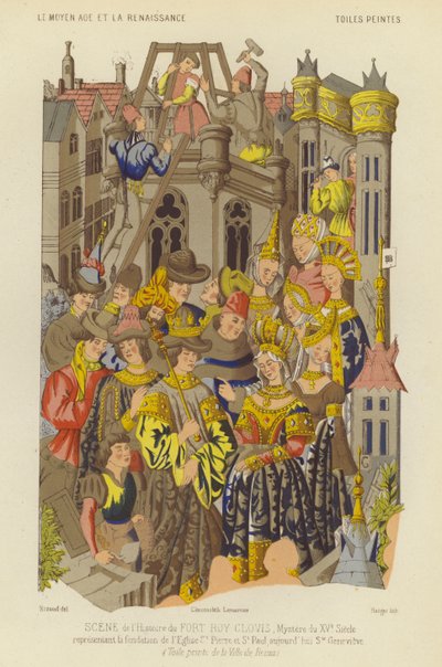 フランク王クロヴィスの治世に、パリのサン ジュヌヴィエーヴ修道院が設立される (chromolitho) 作： French School