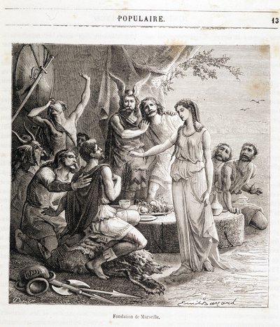 マルセイユの創設：紀元前600年、ギリシア人船員によってフランスの都市は創設された。 アンリ・マルタンによる「Histoire de France populaire」の中のエングレーヴィング。19世紀 作： French School
