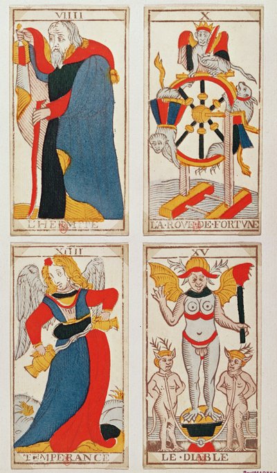 隠者、運命の輪、禁酒法、悪魔を描いた4枚のタロットカード（色の木版画） 作： French School