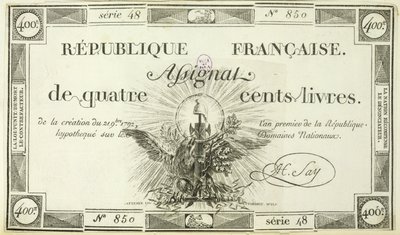 1792年9月21日、400リットル紙幣 作： French School