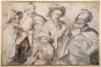 4人のハーディガーディ奏者とパイプを持った少年 1650-99年頃（紙にペンとインク 作： French School