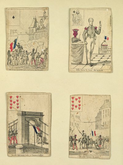 1830年7月、1831年7月の英雄を記念する4枚のトランプ 作： French School